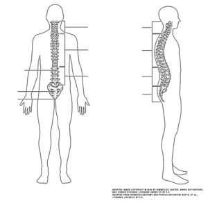 This illustration activity shows the structure of the vertebral column. The left side of the illustration shows the front view of the vertebral column. The right side of the illustration shows the side view of the vertebral column. The illustration includes (from top): 7 cervical vertebrae (C1-C7) that form the cervical curve, 12 thoracic vertebrae (T1-T12) that form the thoracic curve, intervertebral disc, 5 lumbar vertebrae (L1-L5) that form the lumbar curve, fused vertebrae of the sacrum and coccyx that form sacrococcygeal curve, the sacrum, and coccyx.